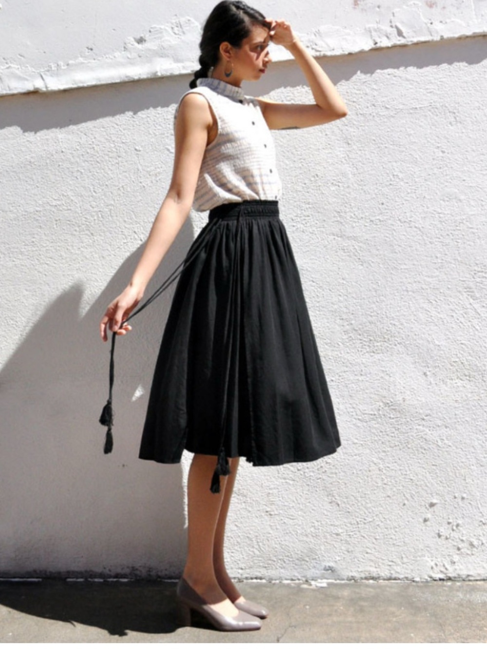 APIECE APART Women's Sz XS Assisi Tea-Length Wabi Midi Black Tassel Ties Skirt